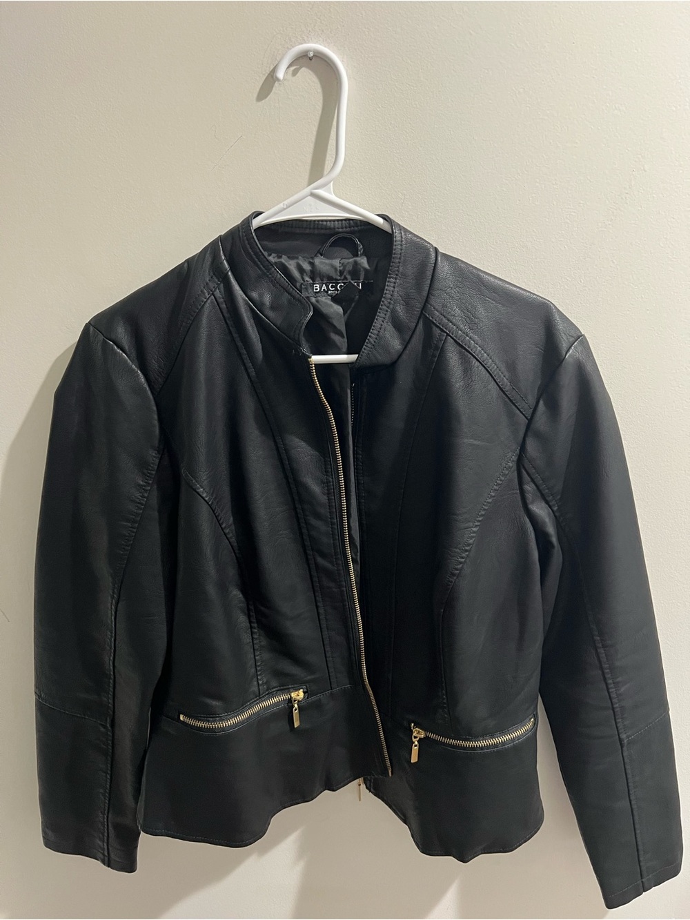 Baccini Black Leather Zip-Front Women's Jacket with Gold Accents